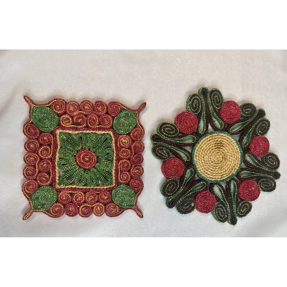 Pair Vintage 1970s Woven Straw Hot Pads Coiled Floral Trivets Boho Wall Decor